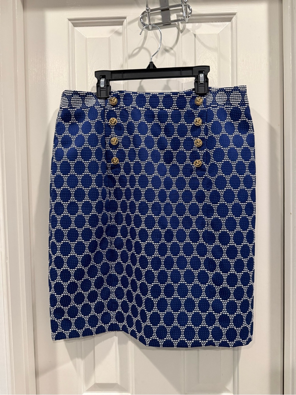 ANTONIO MELANI Navy Blue Polka Dot Double-Button Pencil Skirt
